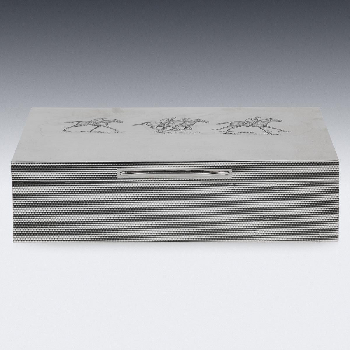 Stylish 20th Century simple and elegant box with a multitude of uses, currently perfect for storing cigarettes or cigars but equally adept at storing jewellery or trinkets. The solid silver body is engraved with racing horses and finshed in all-over