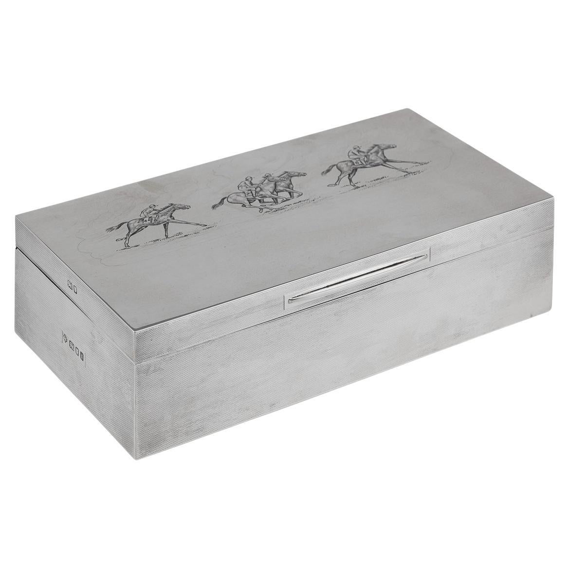 20th Century Asprey Solid Silver Horse Racing Cigar Box, London, c.1974