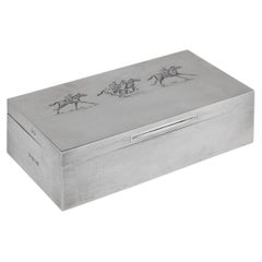 Used 20th Century Asprey Solid Silver Horse Racing Cigar Box, London, c.1974