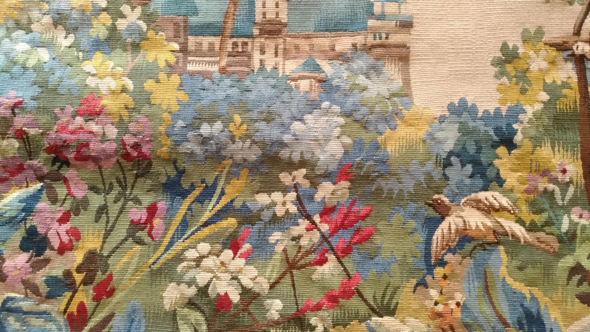 tapisserie d'aubusson du 20e siècle oiseau et château - n° 1144 Excellent état - En vente à Paris, FR