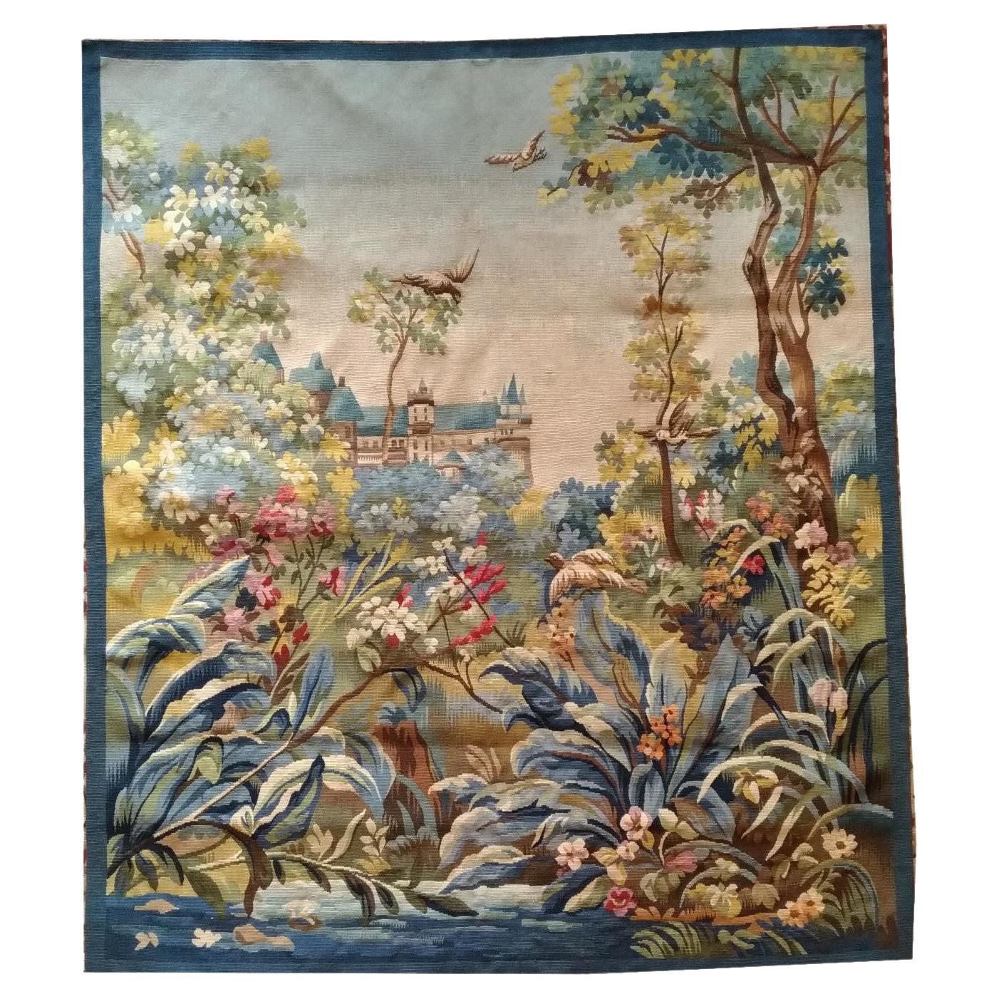 tapisserie d'aubusson du 20e siècle oiseau et château - n° 1144
