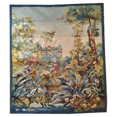 Vintage 20th century aubusson tapestry bird and castle - n° 1144
