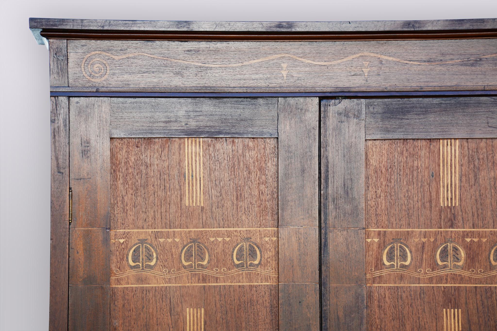 Wood 20th Century Austrian Art Nouveau Mahogany Wardrobe Cabinet, Restored, 1910s