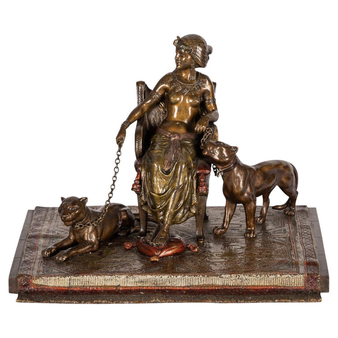 20th Century Austrian Cold Painted Bronze 'Cleopatra with Pumas' Bergman, C.1910 For Sale