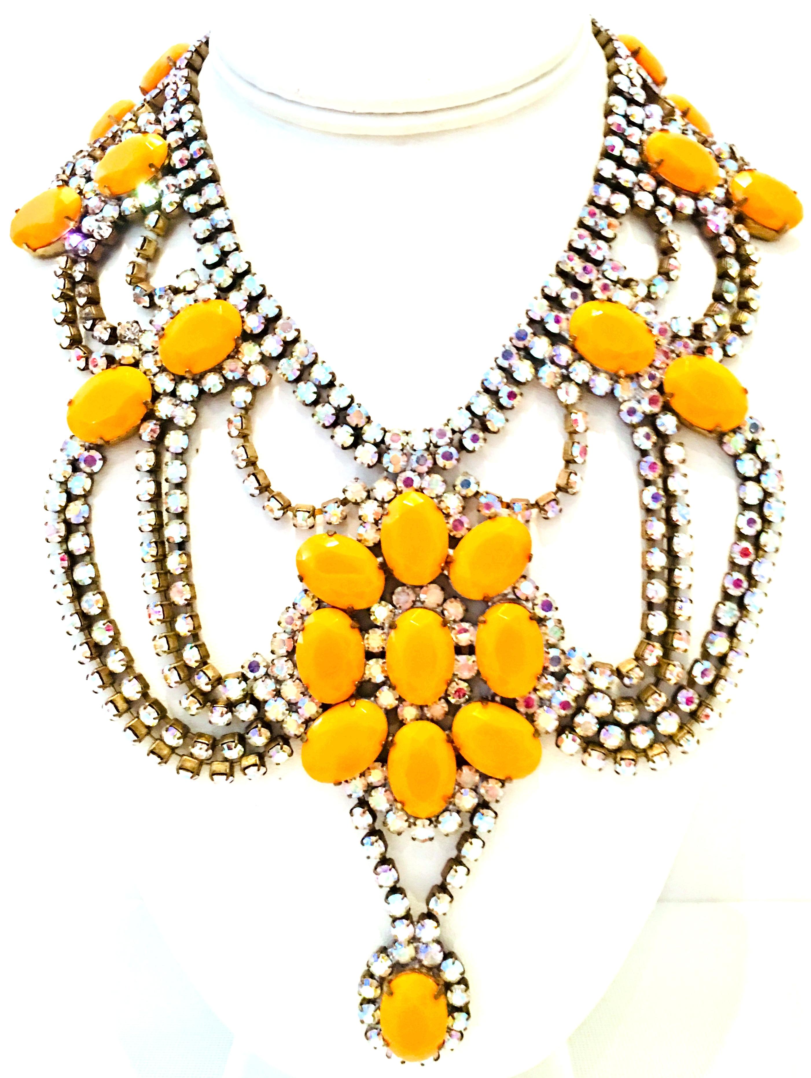 20th Century Bohemia Style Austrian Crystal & Lucite Stone Multi Tier Necklace & Pair Of Chandelier Earrings. This incredible three piece artisan set is finely hand crafted. Features a substantial. timeless, dramatic multi strand necklace with