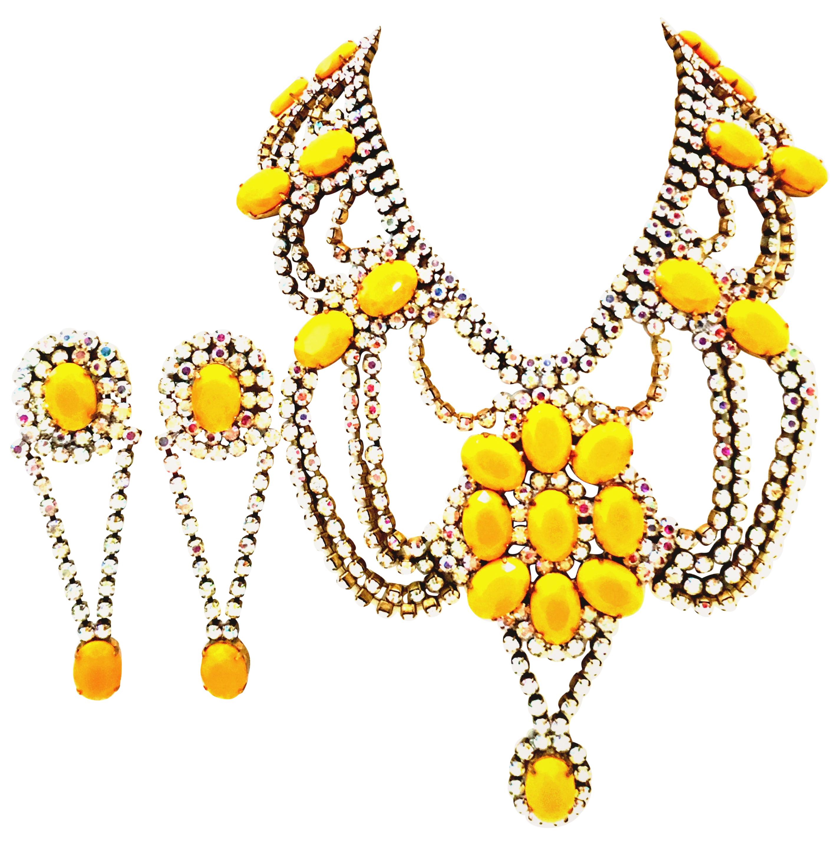 20th Century Austrian Crystal & Lucite Multi Tier Necklace & Pair Of Earrings For Sale