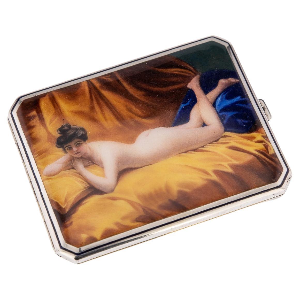 Pitillera erótica austriaca de plata maciza y esmalte del siglo XX, c.1910