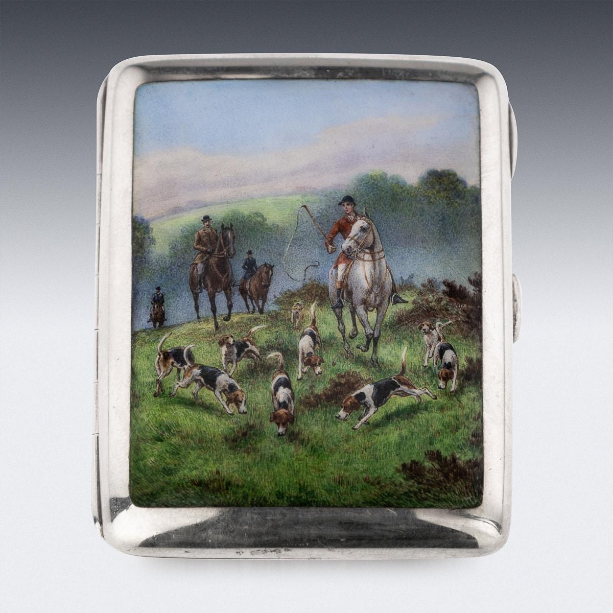 Antique early 20th Century Austrian solid silver & enamel cigarette case, of slightly curved rectangular form with rounded corners, depicting horses saddled with hunters in scarlet coats, with dogs at the ready before a fox hunt. and richly parcel