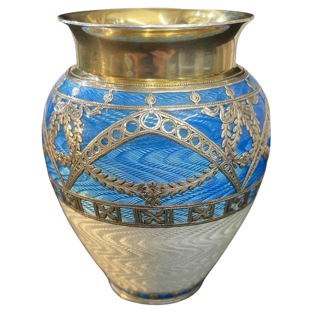 20th Century Austrian Solid Silver & Guilloche Enamel Vase, c.1910
