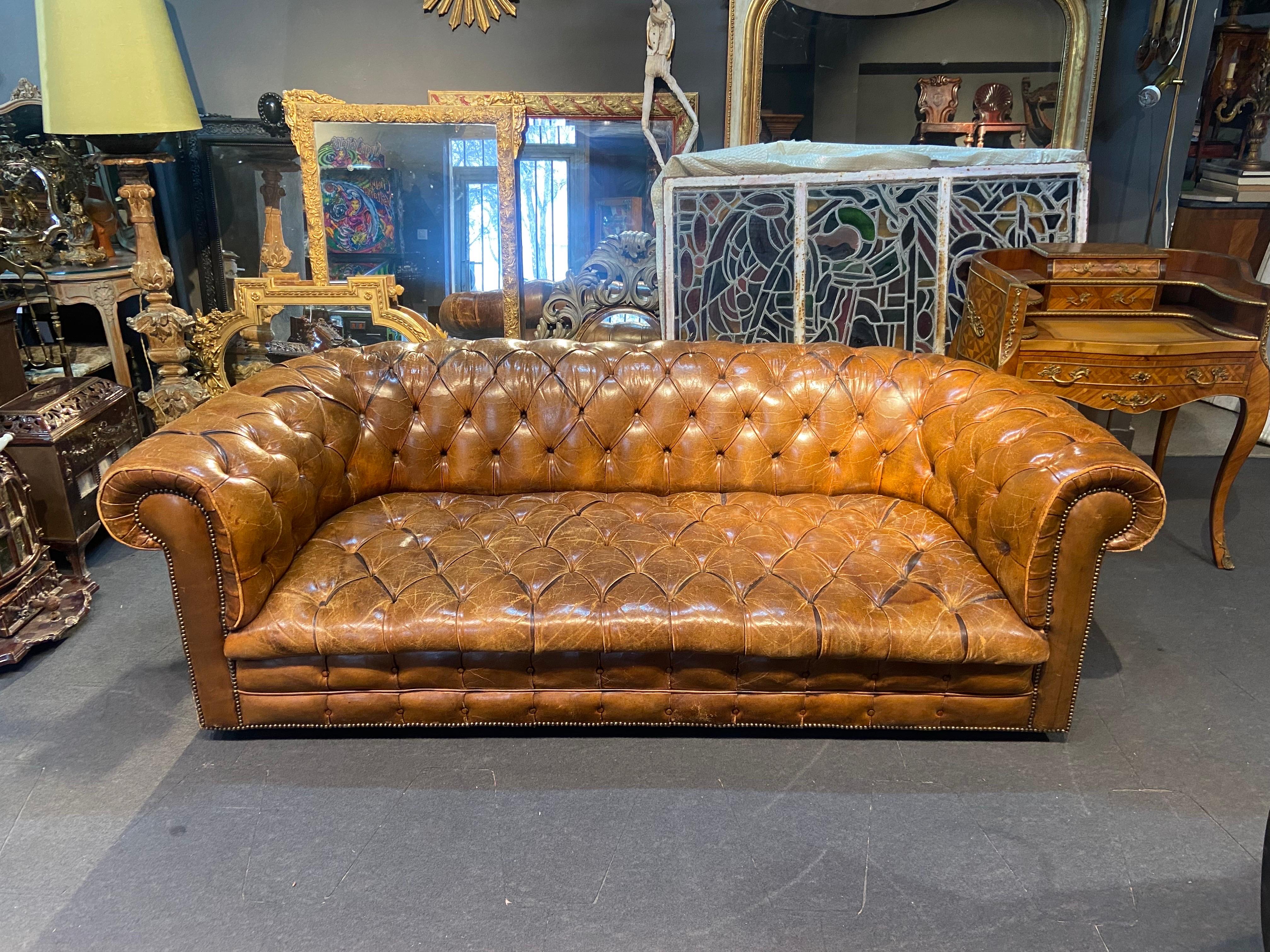 20th Century, Authentic Brown Leather Chesterfield on Castors Made in England For Sale 7