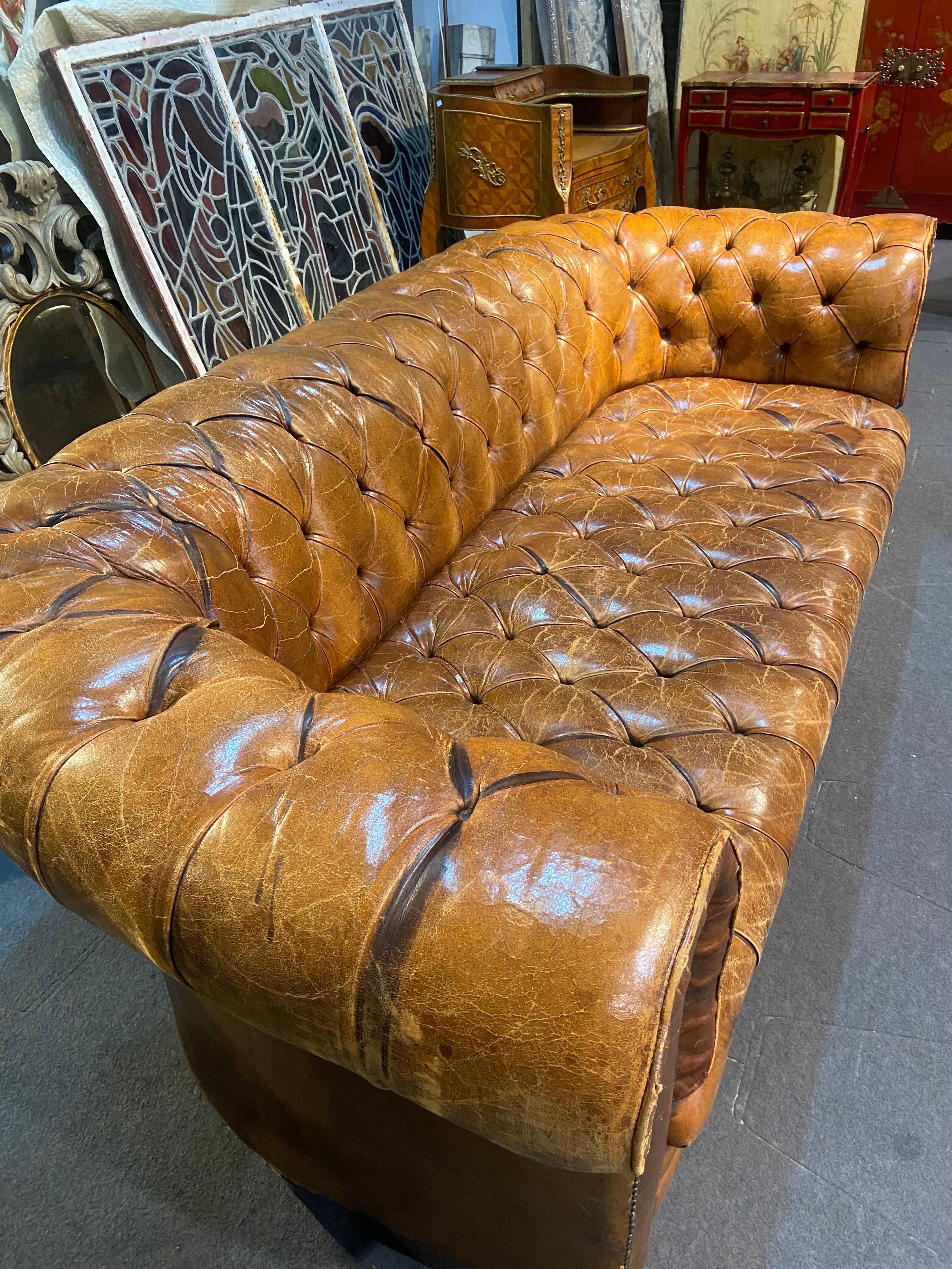 20th Century, Authentic Brown Leather Chesterfield on Castors Made in England For Sale 2