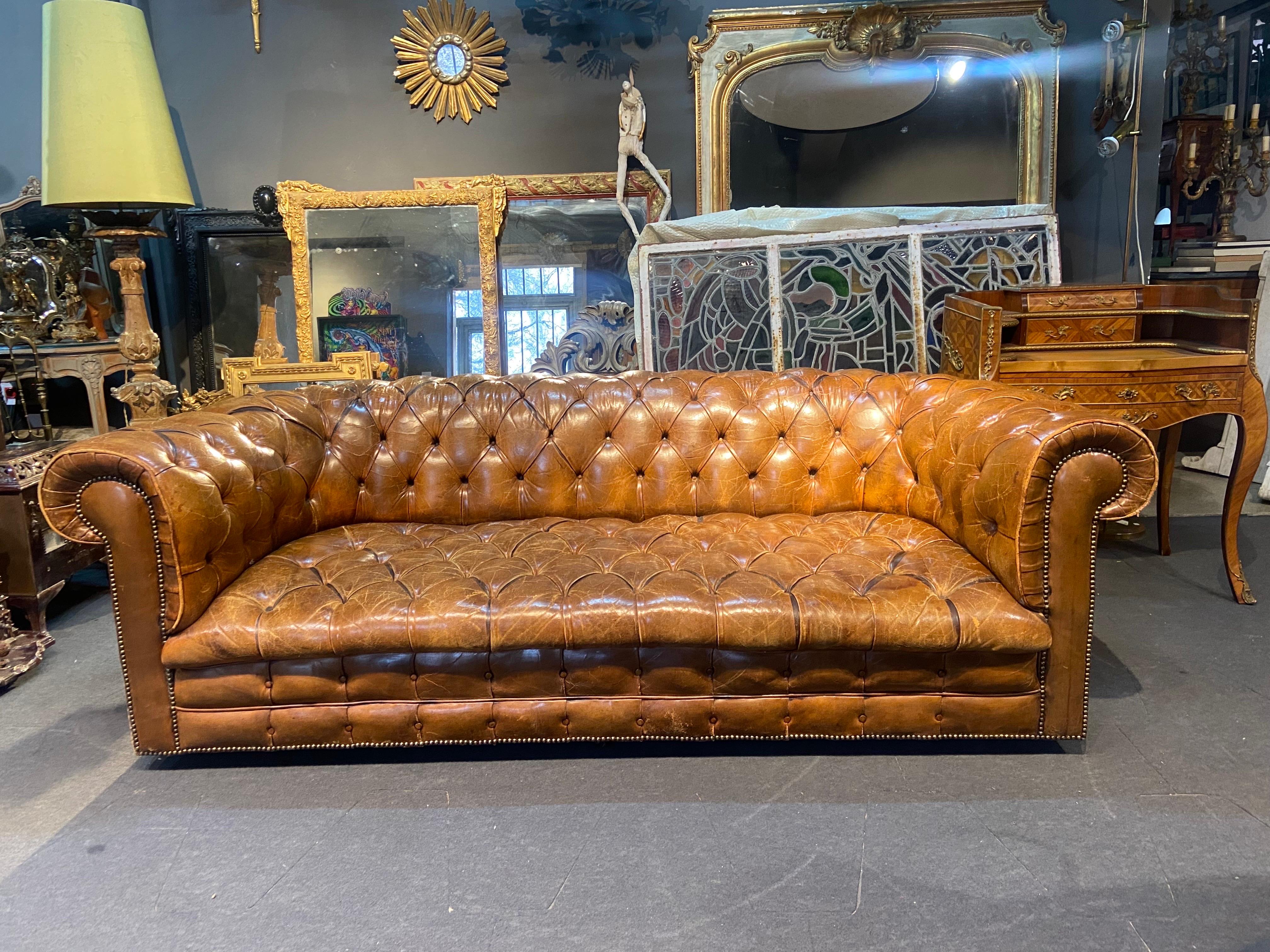 20th Century, Authentic Brown Leather Chesterfield on Castors Made in England For Sale 5