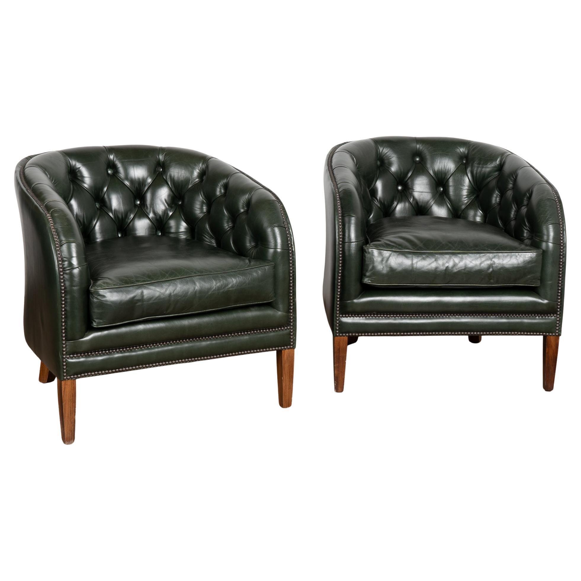 20th Century Authentic Chesterfield Green Leather Club Chairs with Maker's Mark