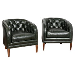 20th Century Authentic Chesterfield Green Leather Club Chairs with Maker's Mark