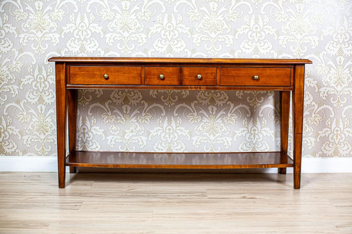20th-Century Inlaid Auxiliary Wall Dining Room Table

We present you a modern piece of furniture which is intended to be placed by a wall. It is a part of a dining room set.
This table has three drawers and finished with a rectangular top.
Instead