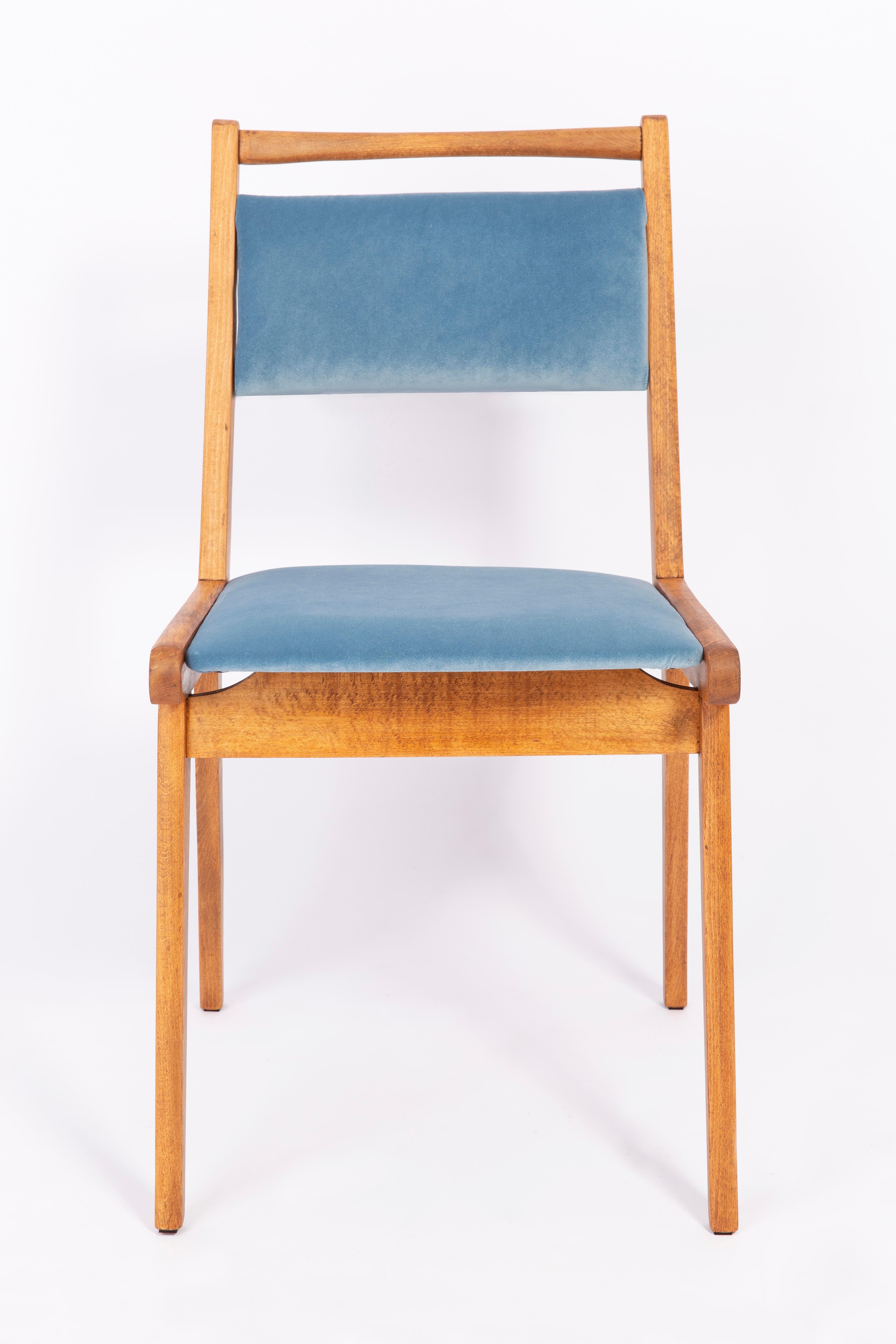 Mid-Century Modern 20th Century Baby Blue Velvet Chair, Poland, 1960s For Sale