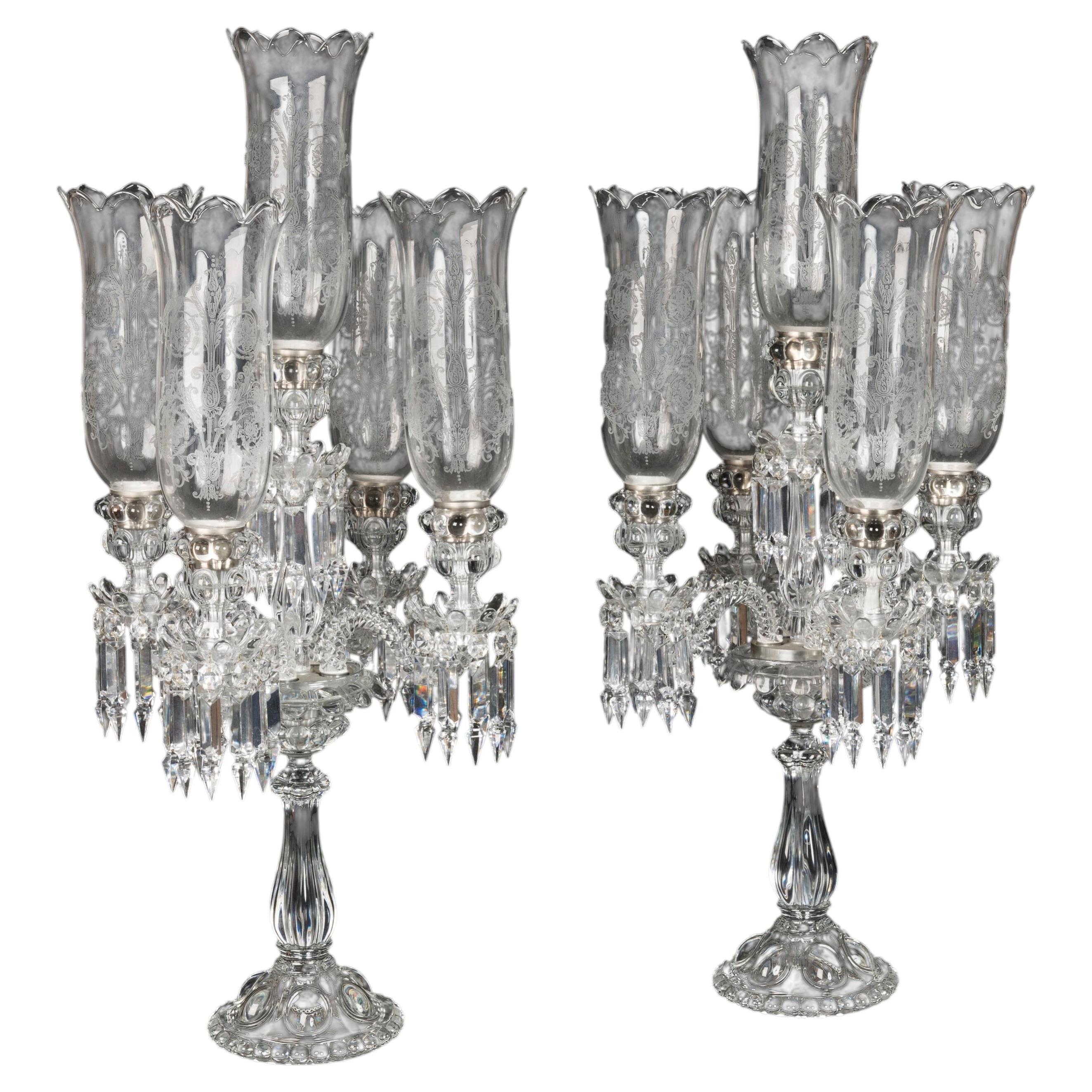 20th Century Baccarat Cut Glass Five-Light Candelabra with Storm Shades