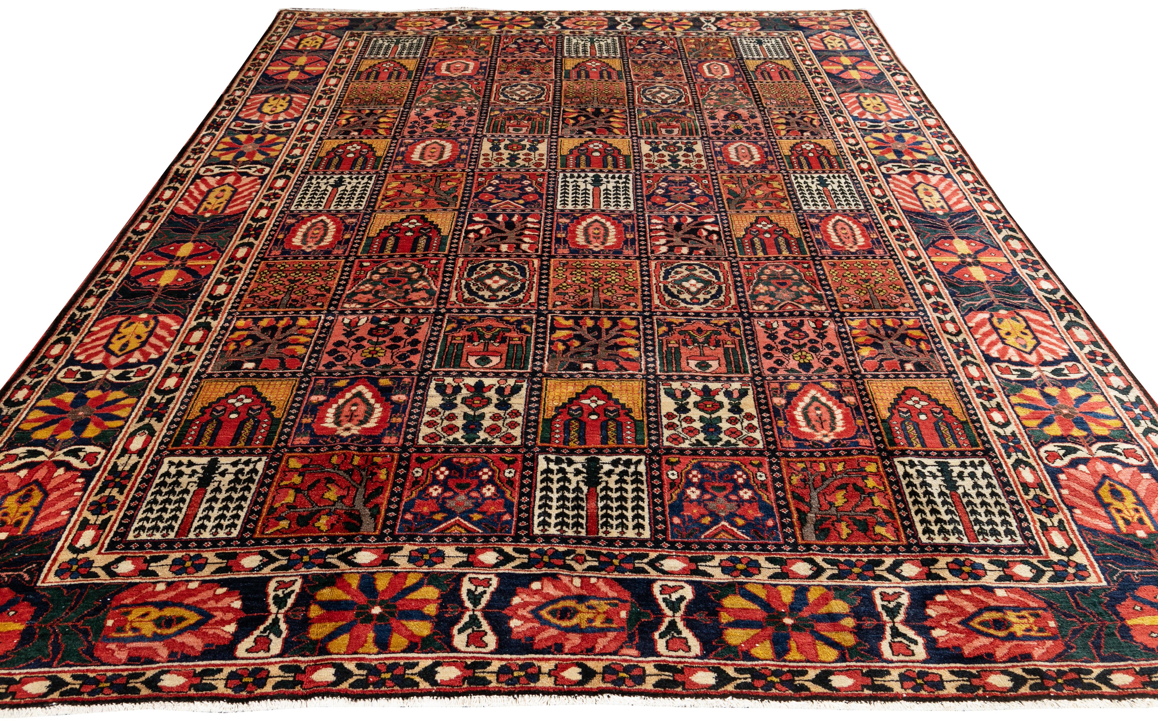 Hand-Knotted 20th Century Bakhtiari Handmade Multicolor Floral Persian Wool Rug For Sale