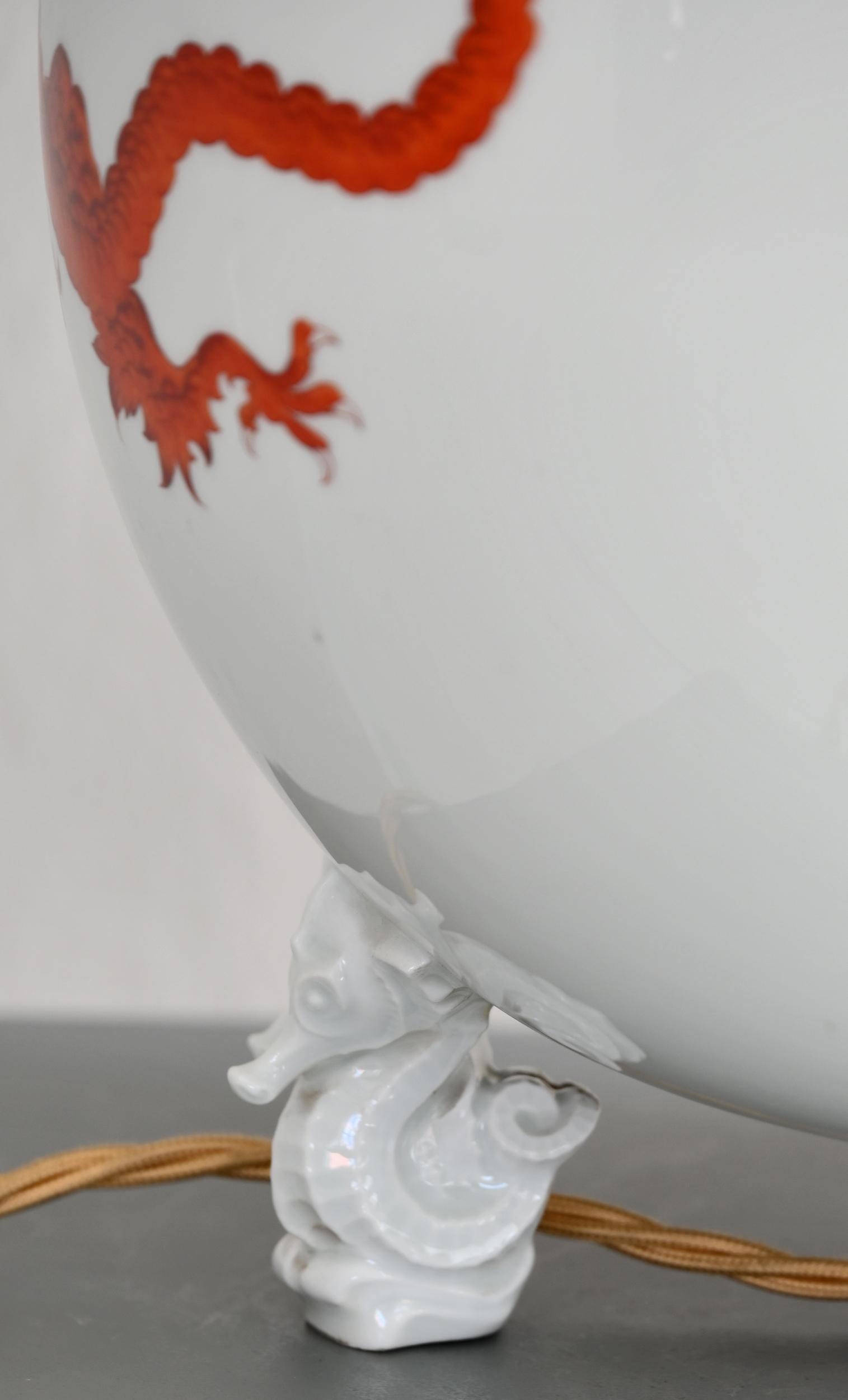 Hand-Painted 20th Century Ball Lamp Meissen Porzelain Mingdragon Orange Feet Small Dragons For Sale