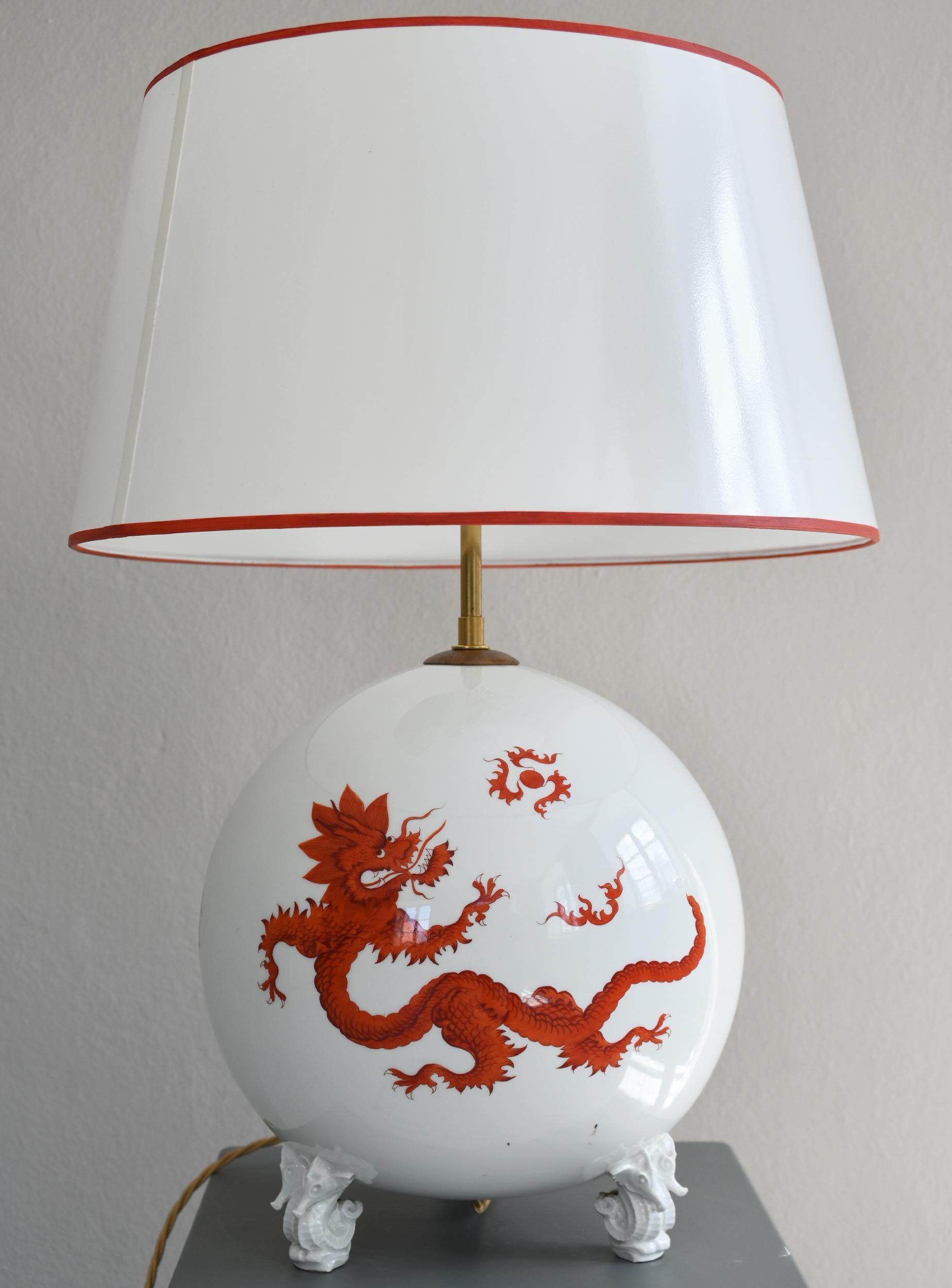 20th Century Ball Lamp Meissen Porzelain Mingdragon Orange Feet Small Dragons In Good Condition In Epfach, DE