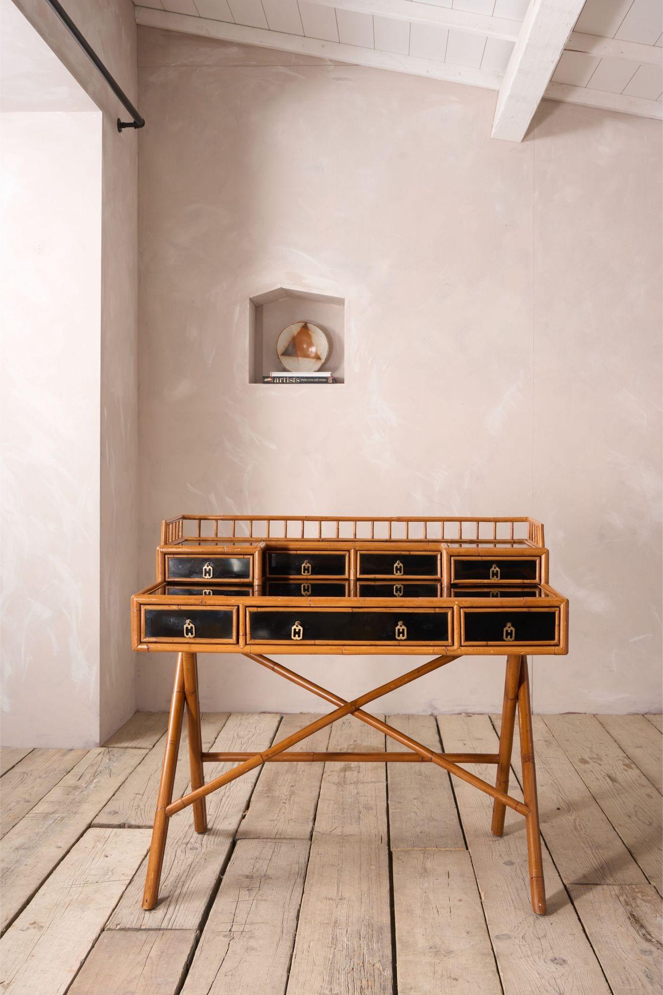 20th Century 20th century Bamboo and black lacquer desk by E Murio