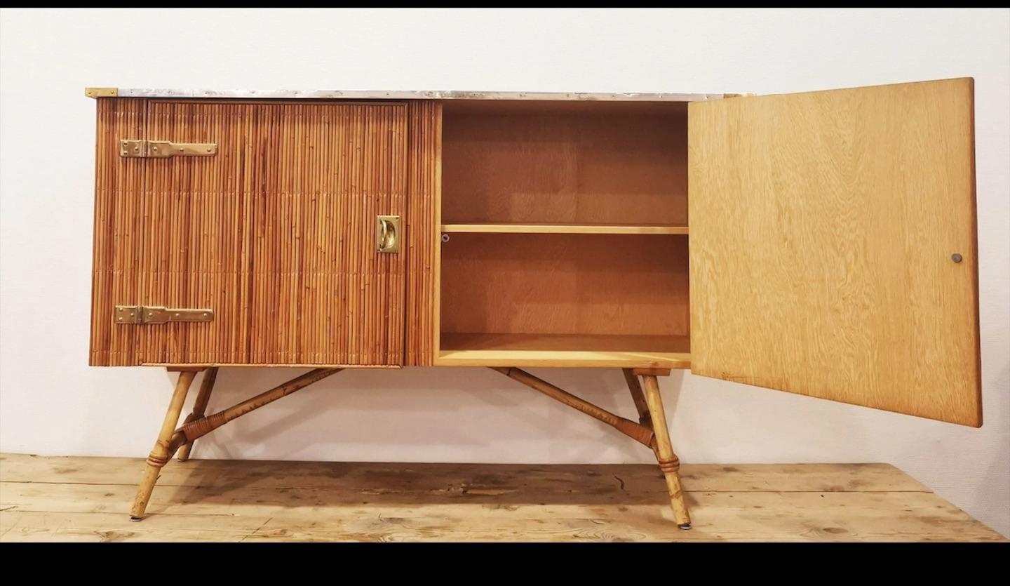 Mid-Century Modern 20Th Century Bamboo and Brass Sideboard, Audoux Minet Style 1960