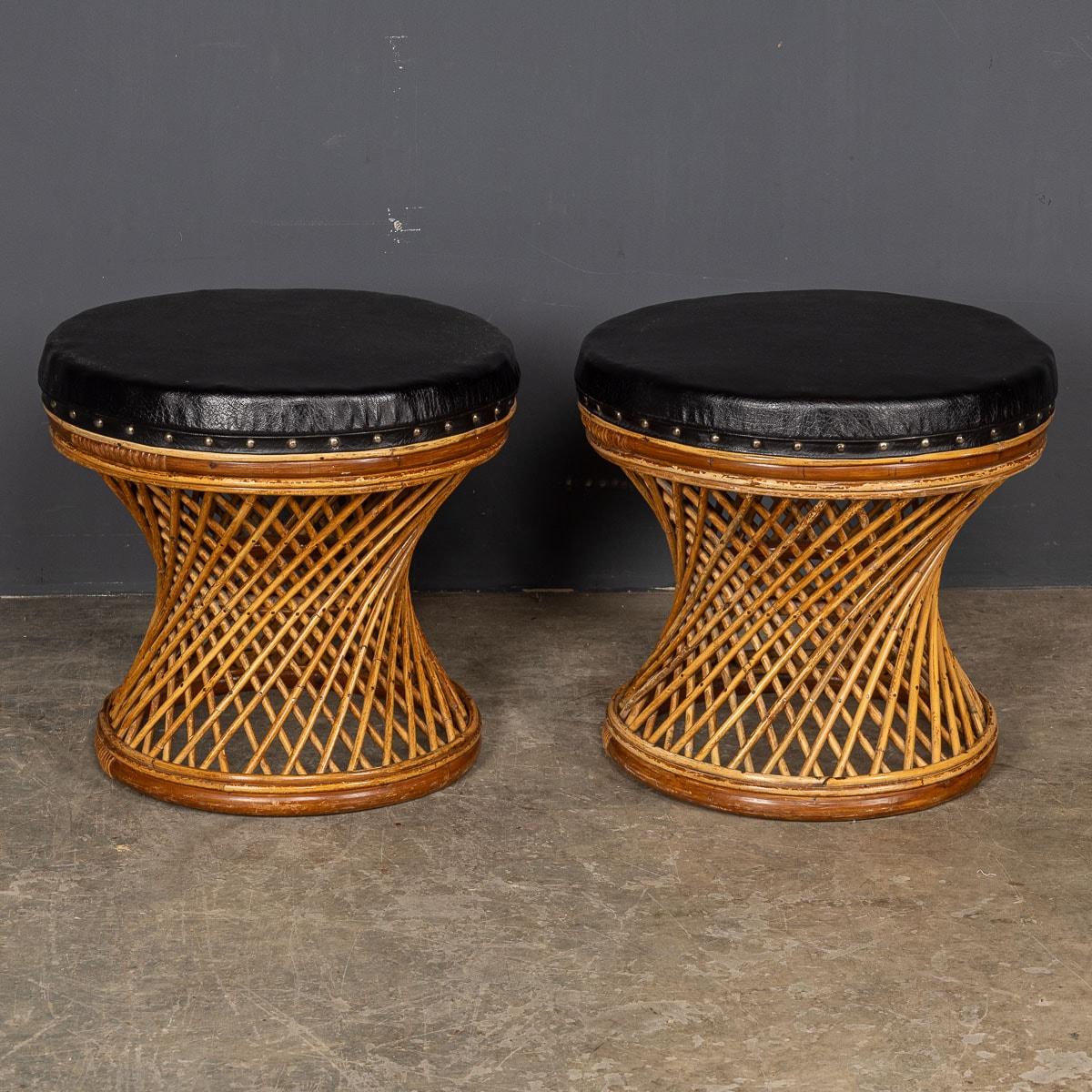 Leather 20th Century Bamboo Low Stools, c.1960 For Sale