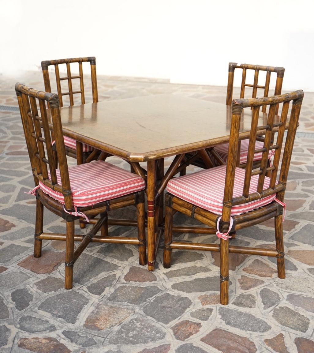 Age : 1970s.
Condition : good.
Provenance : Milan - Italy
Table dimensions : 120x120x75h cm.
Description : Splendid table complete with 8 bamboo chairs, very particular Italian design, typical of the 1970s. Ideal to furnish the garden, but can