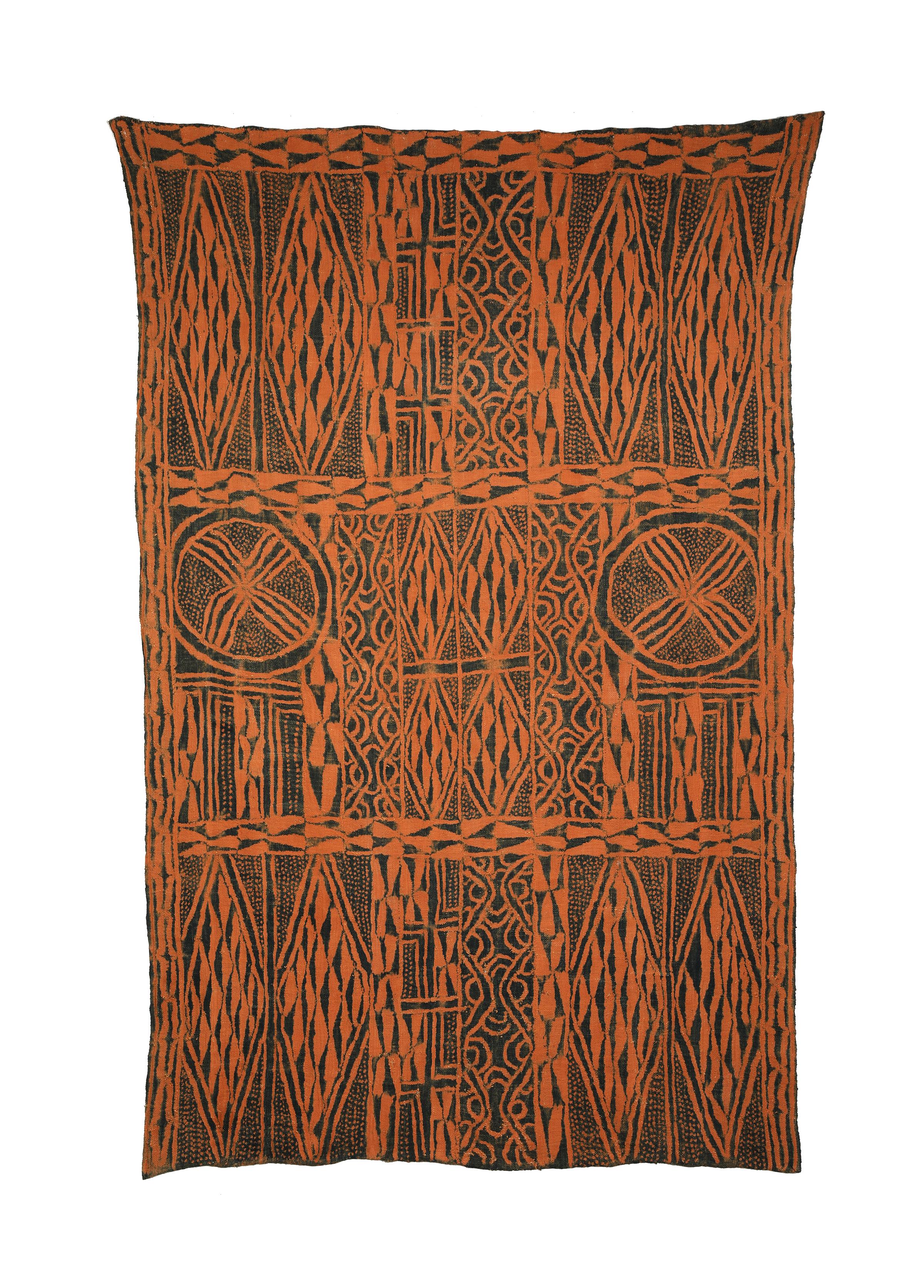 Ndop Panel
Bamileke people
Cameroon Grasslands
Cotton strip weave with a two part dyeing process: stitch-resist indigo dye on a pre-dyed cloth. 
Measures: 39 x 59 1/2 inches (99 x 151 cm)

An exceptionally artistic, hand-drawn composition