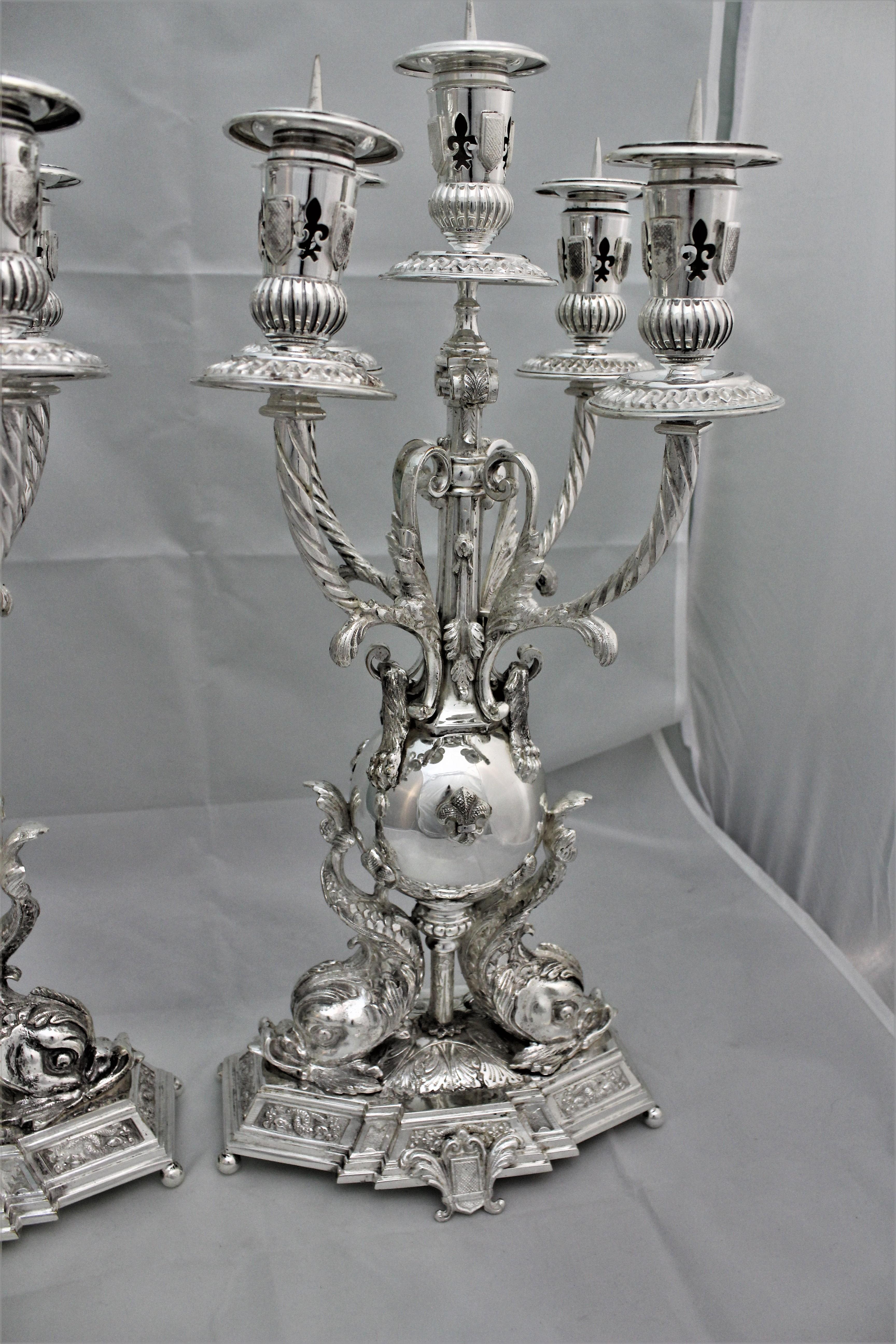 Italian 20th Century Baroque Silver Candelabras Florence Italy, 1950s For Sale