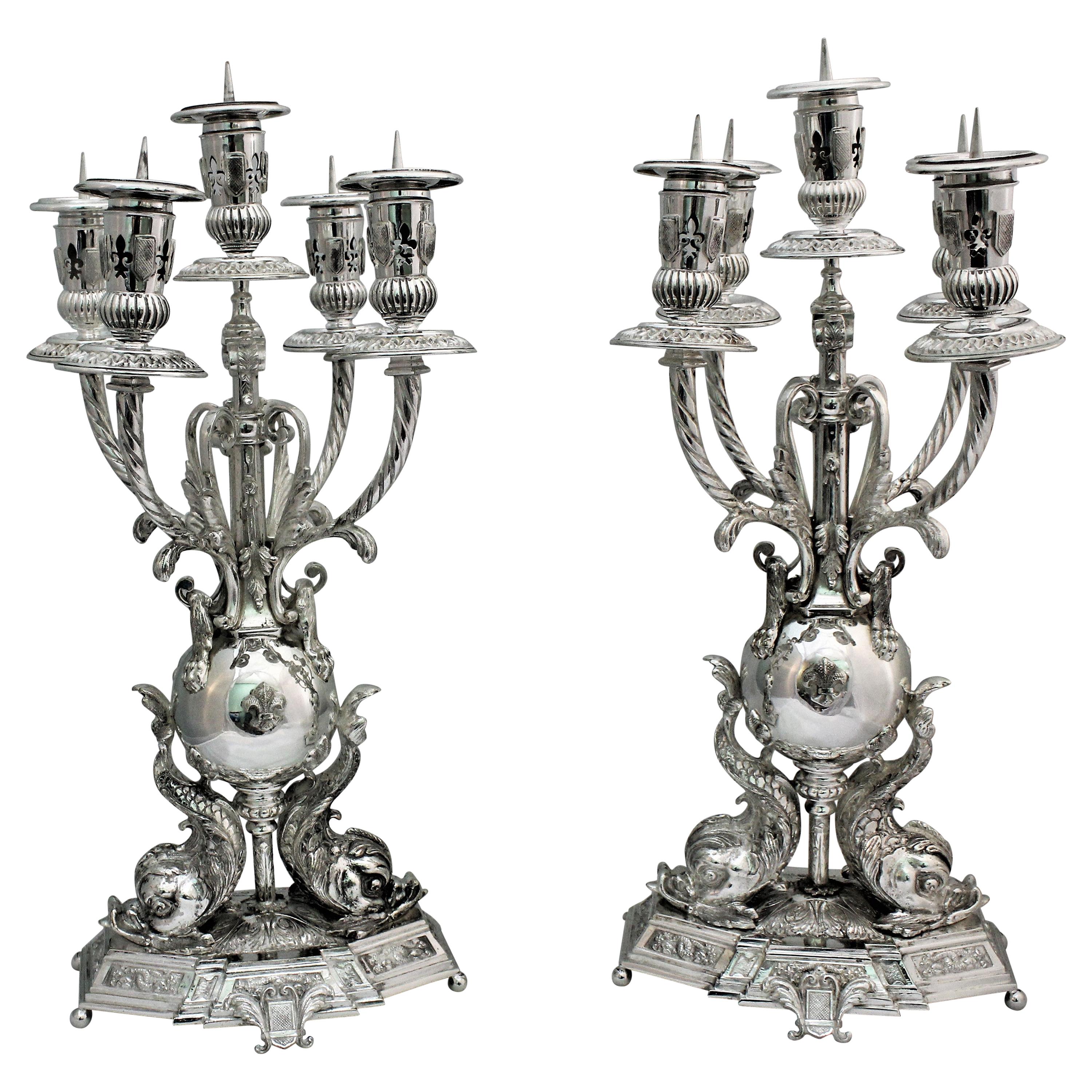 20th Century Baroque Silver Candelabras Florence Italy, 1950s For Sale