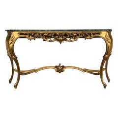 20th Century Baroque Style Carved Walnut Ormolu and Green Marble Console Table