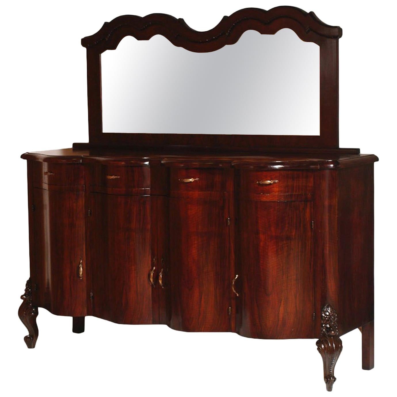 Barocke venezianische Anrichte des 20. Jahrhunderts, verspiegeltes Sideboard aus Nussbaum und Wurzelholz