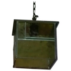 Antique 20th Century Bauhaus in Green and Yellow Lead Glassed Small Lantern