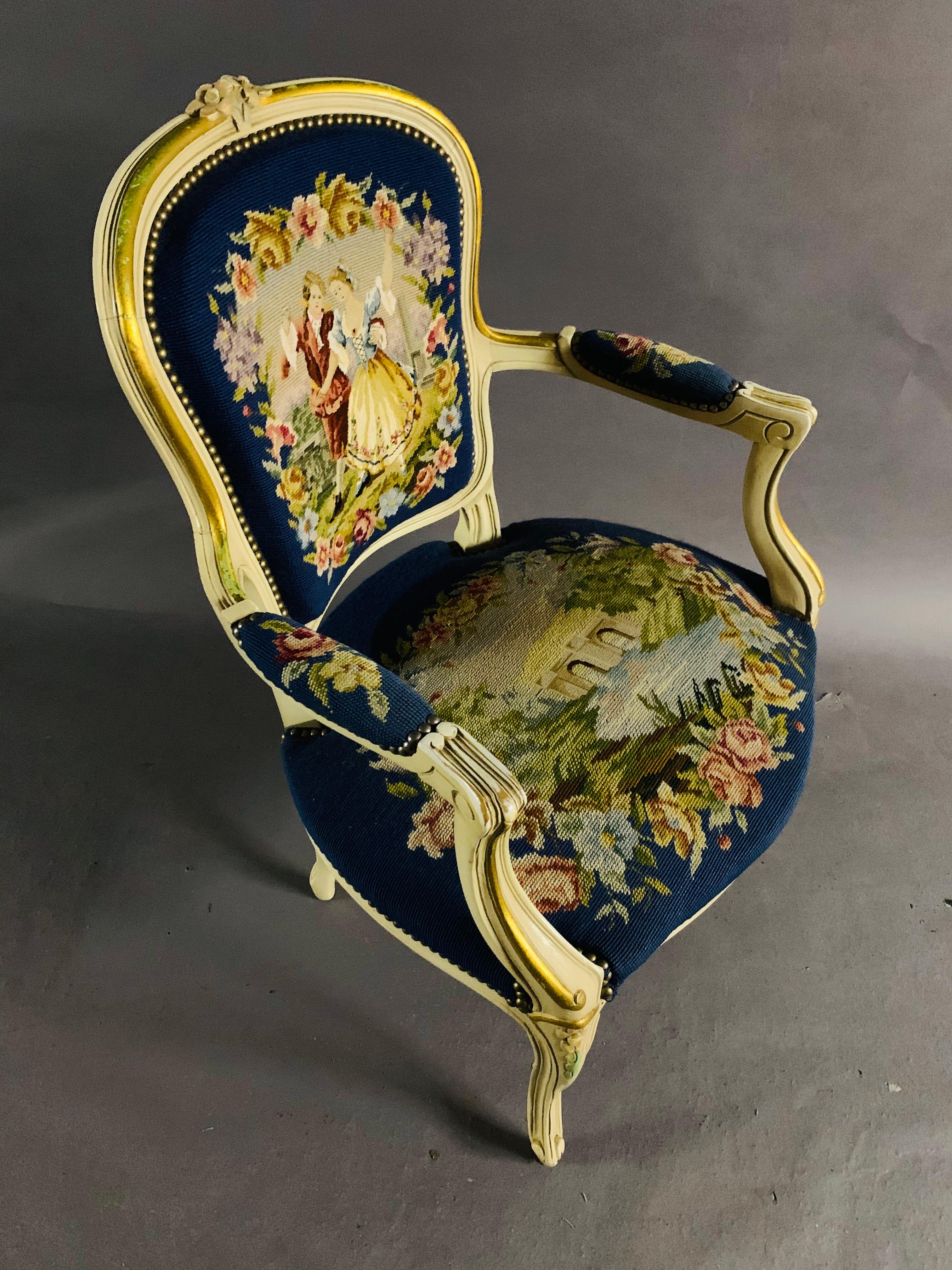 Schöner Sessel im Louis Quinze-Stil des 20. Jahrhunderts mit Wandteppich-Stickerei im Angebot 7