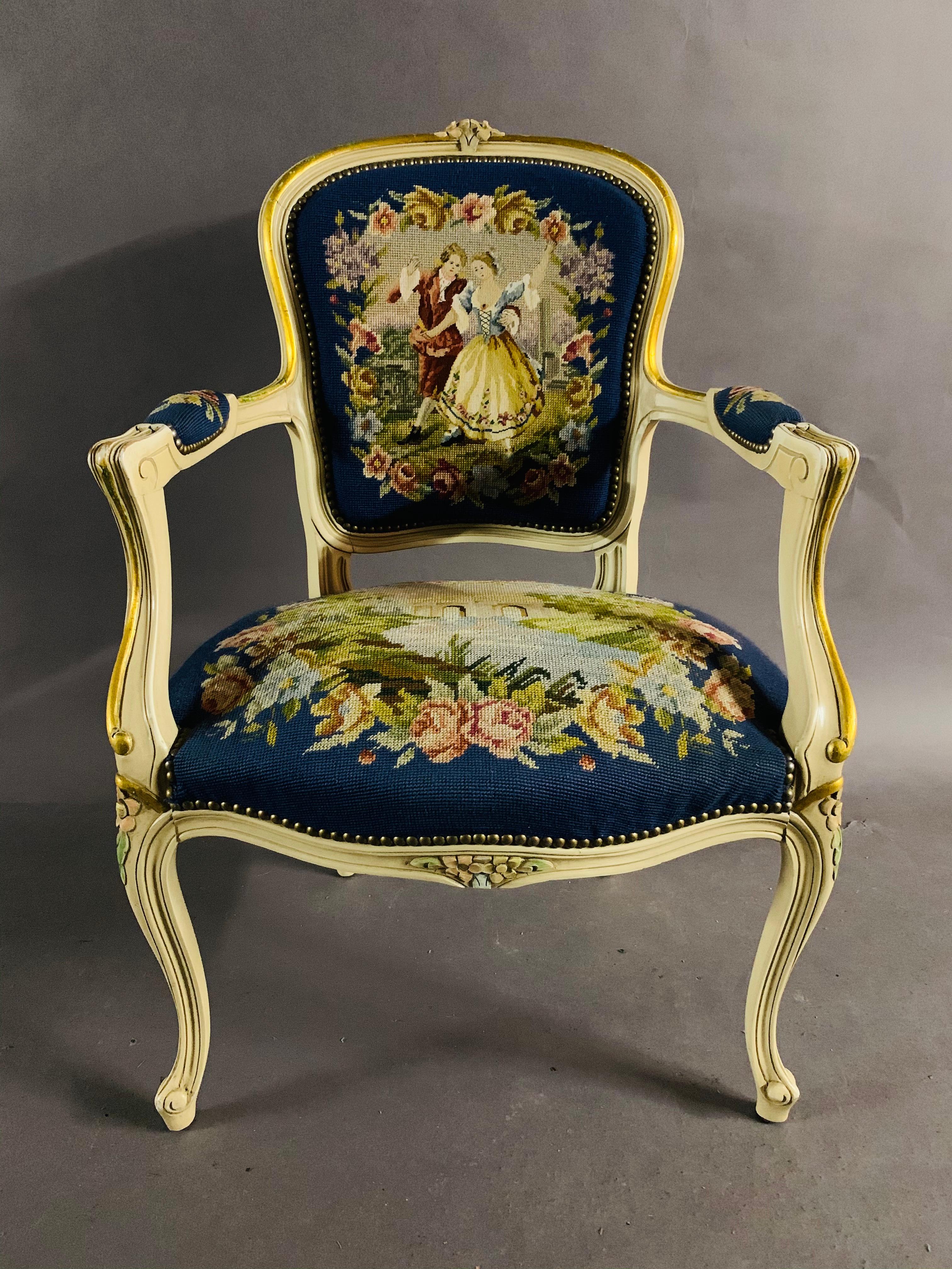 20th century beautiful armchair in Louis Quinze style with tapestry embroidery.

Measurements.
Height 92 cm
Width 62 cm
Depth 56 cm
Seat height 45 cm.