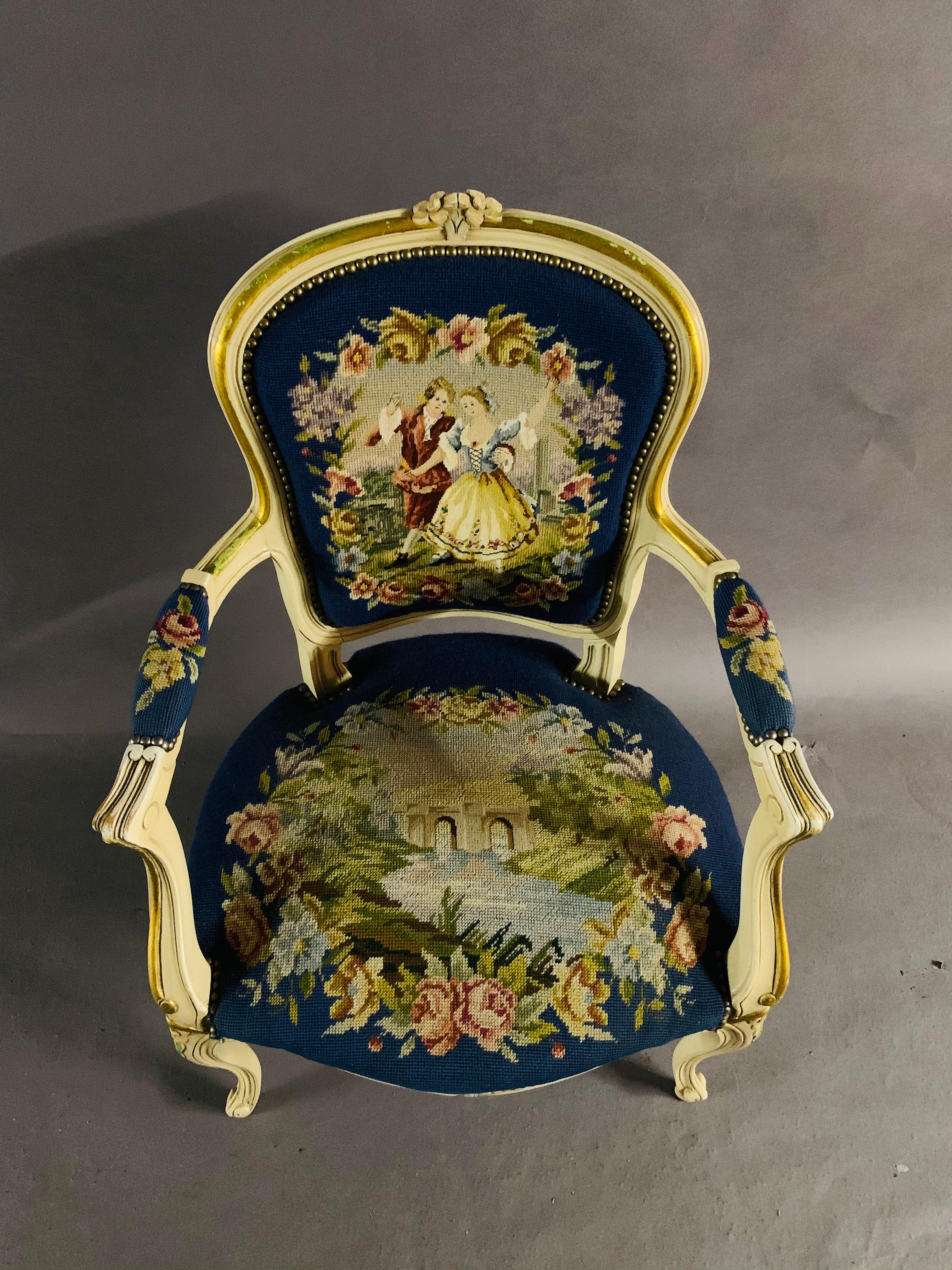 Louis XV 20th Century Beautiful Armchair in Louis Quinze Style with Tapestry Embroidery For Sale