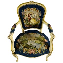 Vintage 20th Century Beautiful Armchair in Louis Quinze Style with Tapestry Embroidery