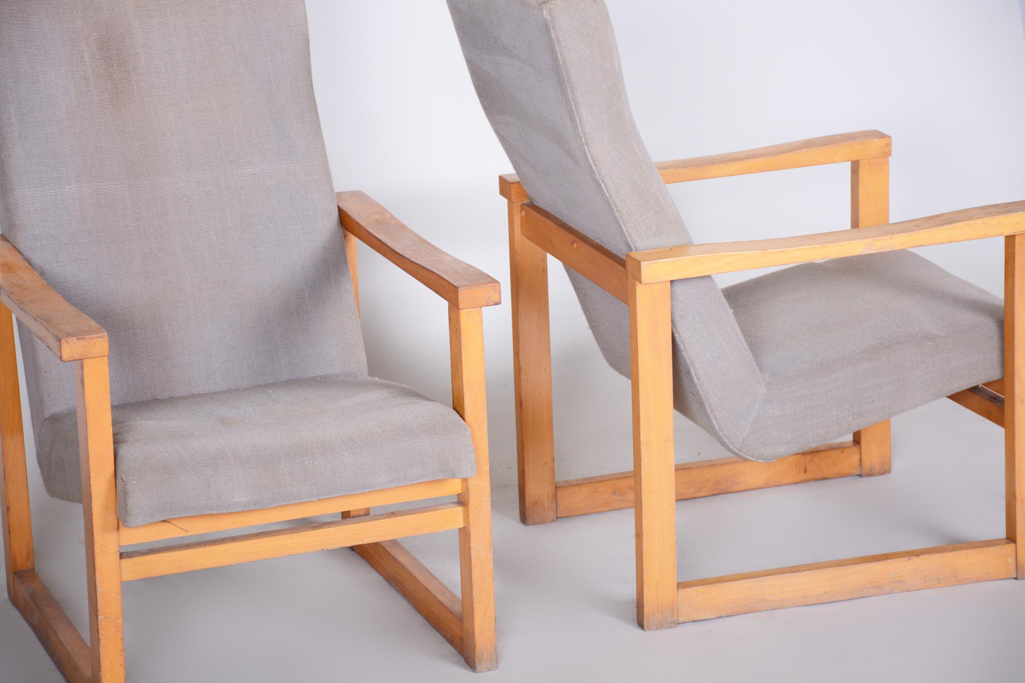 Fabric 20th Century, Beige Pair of Maple Armchairs, Original Condition, Czechia, 1960s For Sale