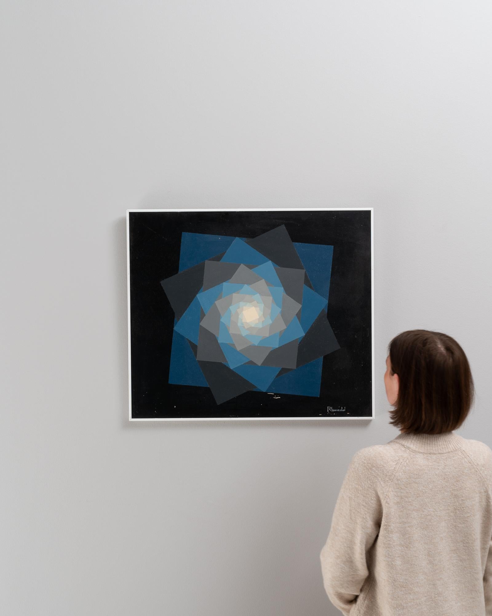 Add depth and modern intrigue to your space with this 20th Century Belgian Artwork by René Berdal. This piece features a captivating geometric composition, where shades of azure converge into a mesmerizing vortex, evoking a sense of infinite depth