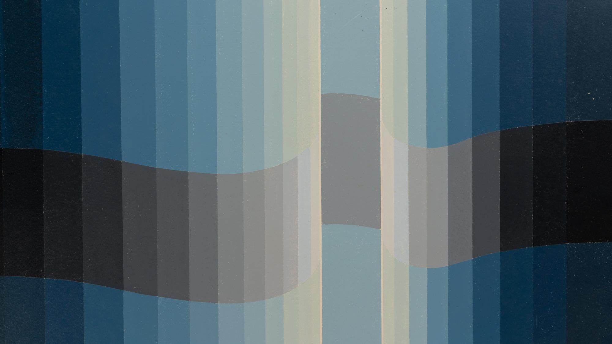 Immerse yourself in the tranquility of this 20th Century Belgian Artwork by René Berdal. This piece presents a serene composition, where vertical stripes in varying shades of blue create a soothing, rhythmic harmony. The clean lines and subtle