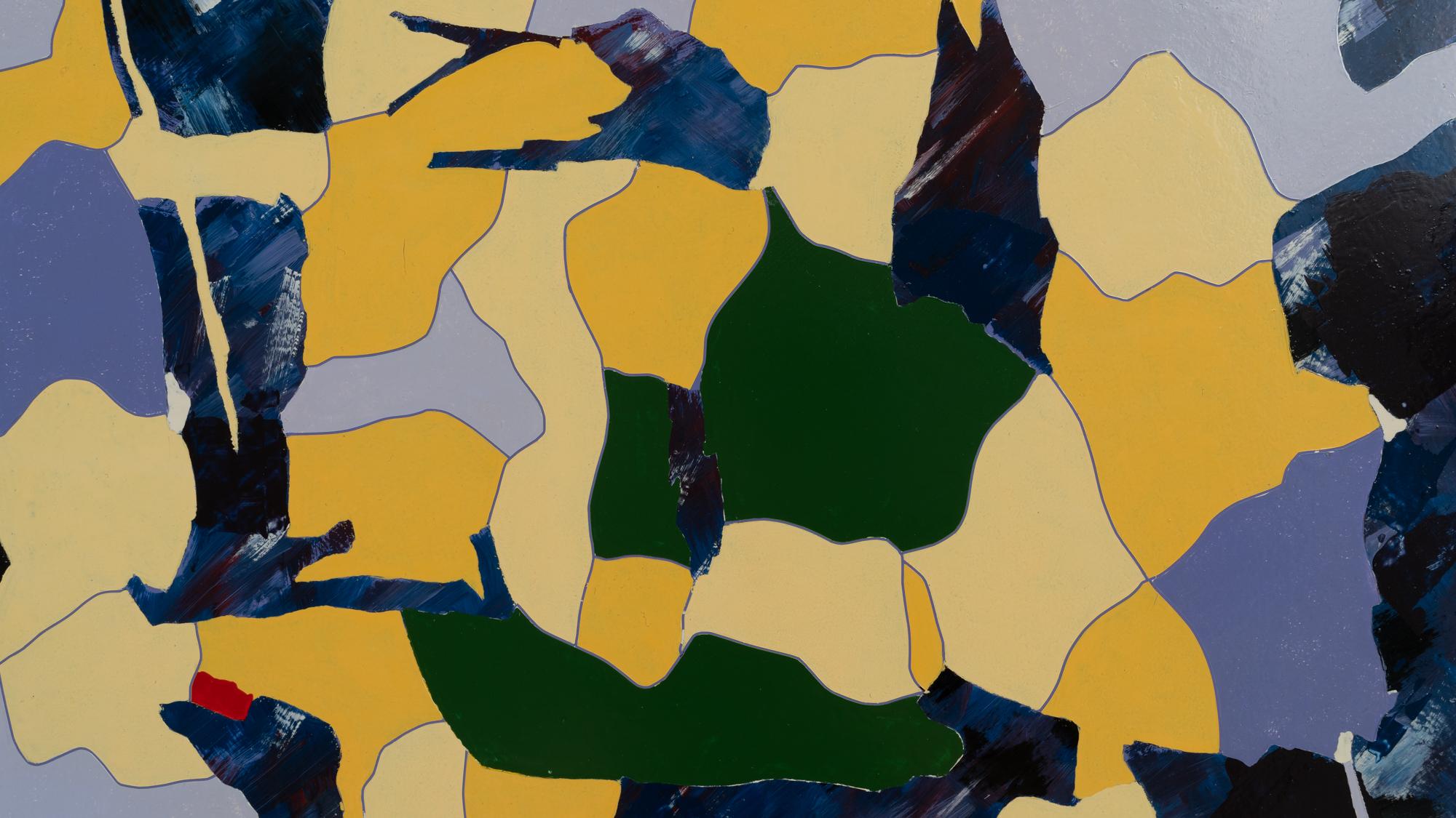Beflügeln Sie Ihre Fantasie mit diesem lebendigen belgischen Kunstwerk des 20. Jahrhunderts von René Berdal. Diese dynamische Komposition strotzt nur so vor abstrakten Formen, einer kühnen Farbpalette aus Gelb, Blau und Grün, durchsetzt mit einem