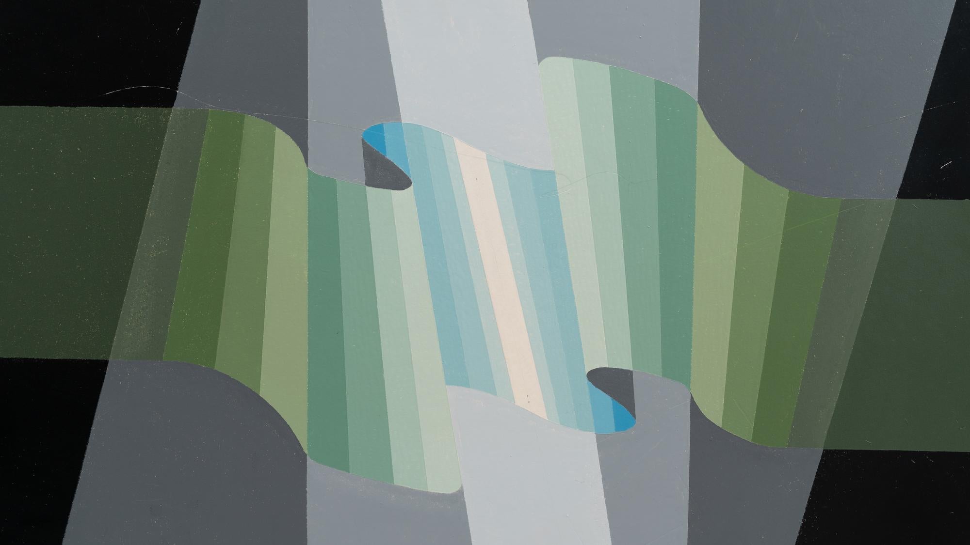 Dieses Kunstwerk des belgischen Künstlers René Berdal aus dem 20. Jahrhundert ist ein eindrucksvolles Beispiel für moderne Abstraktion, eine visuelle Symphonie aus geometrischer Präzision und kräftigen Farben. Berdals Verwendung von geschichteten,