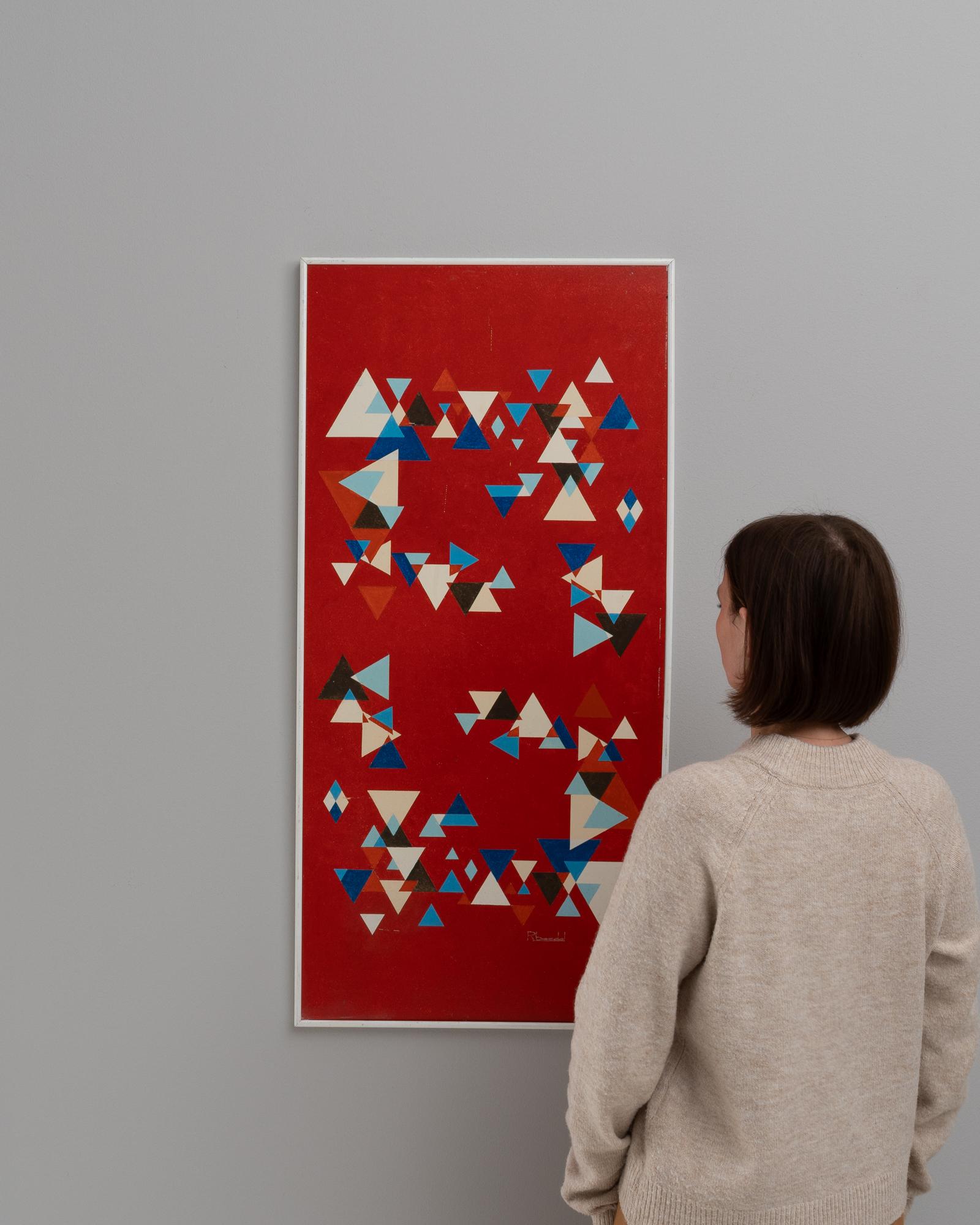 Immerse yourself in the dynamic vibrancy of this 20th Century Belgian Artwork by Rene Berdal. The piece bursts with an array of geometric shapes, each meticulously arranged to create an energetic and harmonious composition against a fiery red