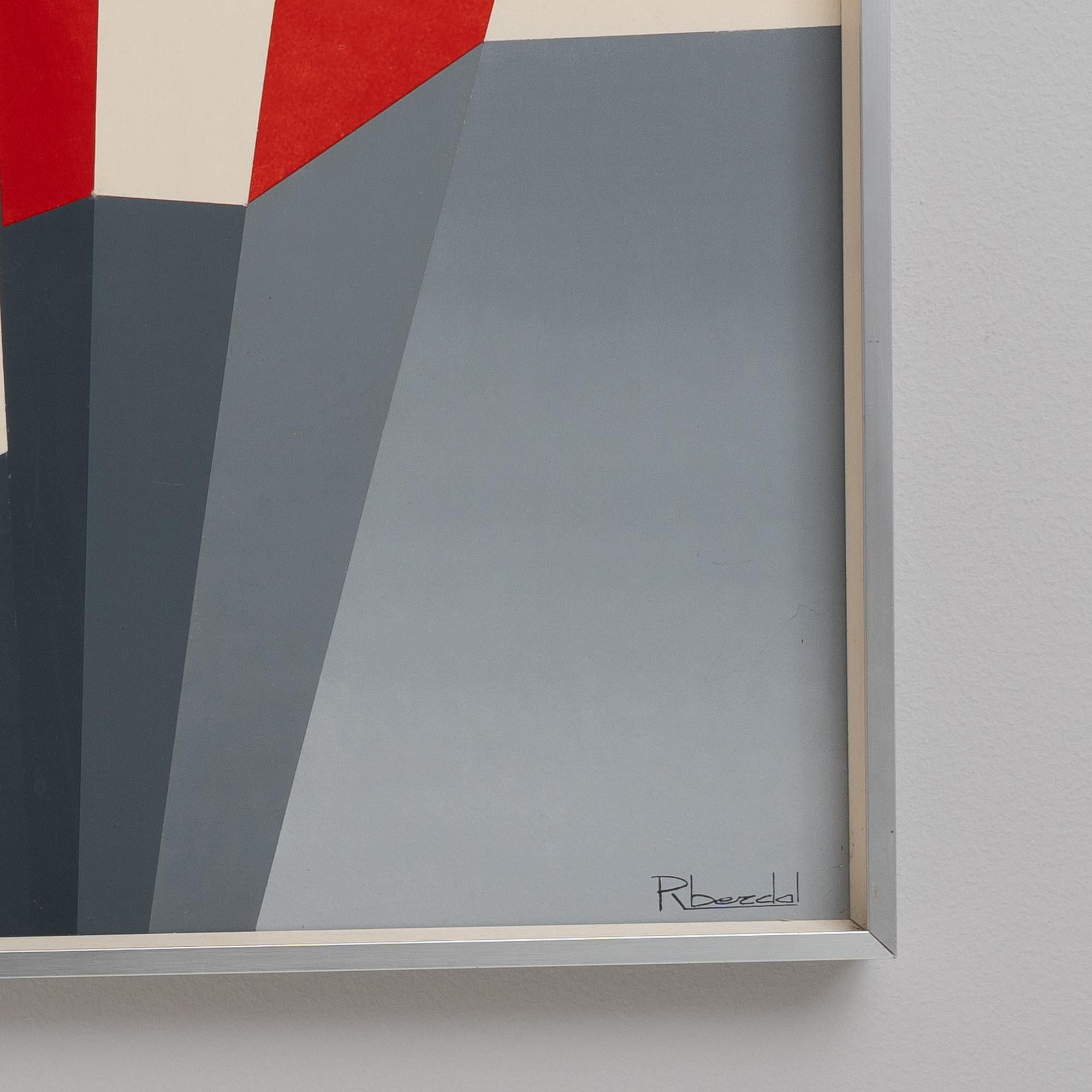 This captivating 20th Century artwork by Rene Berdal stands as a striking example of Belgian modernism. The piece boasts bold, abstract shapes that cut sharply across a muted palette of greys, with red and cream accents that add a dramatic flair to