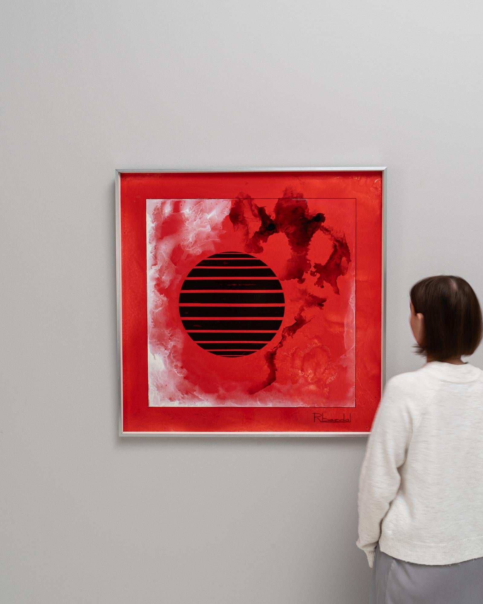Immerse yourself in the vibrant energy of this 20th Century Belgian Artwork by Rene Berdal, a statement piece that pulsates with intensity and modernist appeal. Set within a sleek metal frame that complements its contemporary feel, this piece