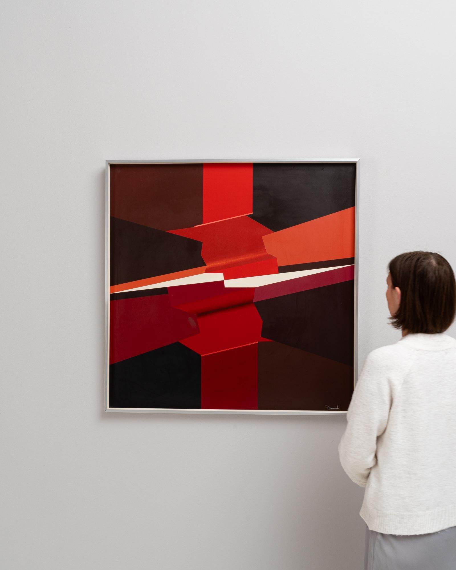 This powerful 20th Century Belgian Artwork by Rene Berdal is an homage to the bold and impactful style of geometric abstraction. Enclosed in a minimalistic metal frame, the composition presents a cascade of angular forms and intersecting planes,