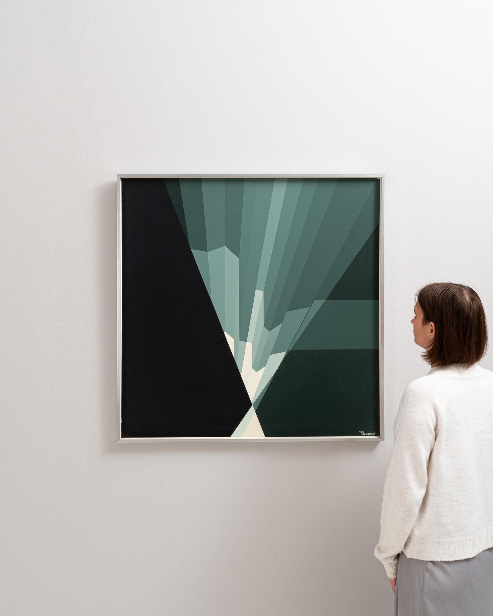 Dive into the depths of abstraction with this mesmerizing 20th Century Belgian Artwork by Rene Berdal. Enveloped in a sleek metal frame, this piece captivates with its geometric exploration, where shards of varying shades of green cut through the