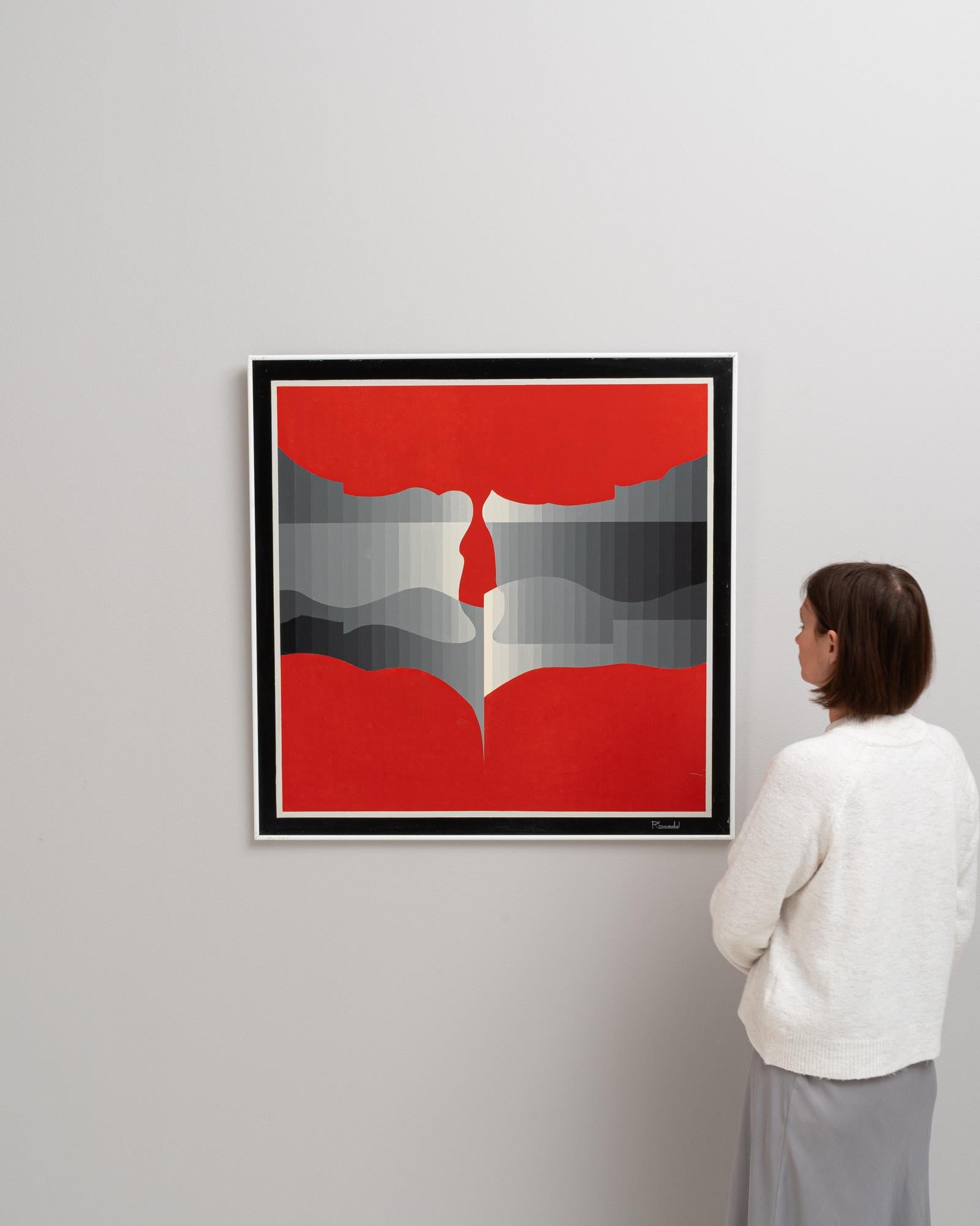 Discover the striking elegance of 20th century Belgian artwork with this captivating print by Rene Berdal. Framed in sleek metal, this piece showcases Berdal's unique style through its bold red and subdued gray tones, which are artfully segmented to