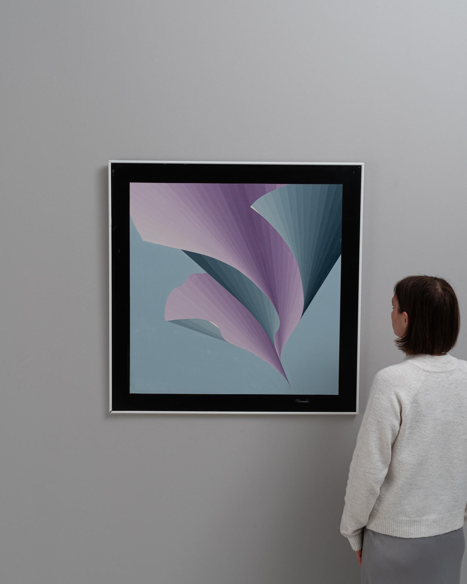 Step into a world of abstract elegance with this 20th-century Belgian artwork by Rene Berdal, gracefully framed in a sleek metal border. This stunning piece features a minimalist yet bold design, with large, sweeping forms in shades of lilac and